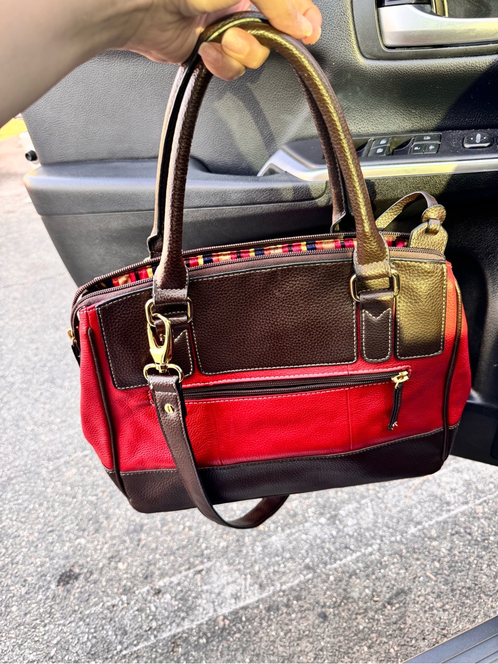 Tignanello Red and Brown Leather Satchel with Gold Hardware - Picture 2 of 3